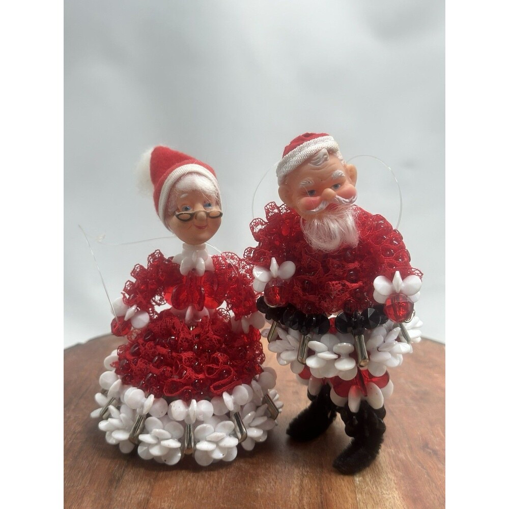 Kitschy Beaded Santa & Mrs Claus Figurine Handmade Christmas Ornament